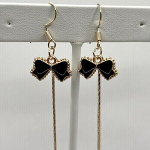 Black Enamel Bow Tassel Earrings